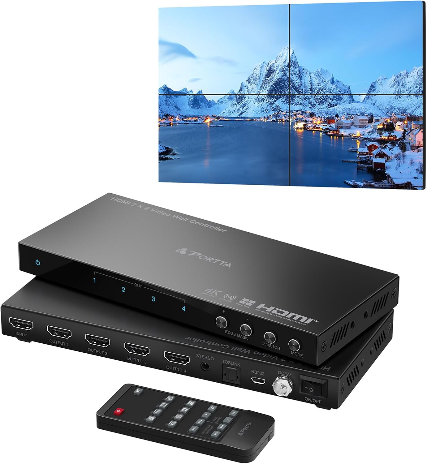 HDMl Video Wall Controller 2x2 4K, PORTTA Video Wall Processor with 11 Splicing...