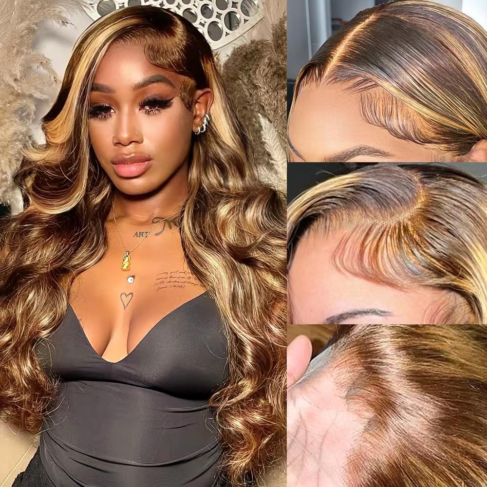 26 Inch Ombre Lace Front Wig Human Hair 4/27 13x4 Body Wave Highlight Lace Front...