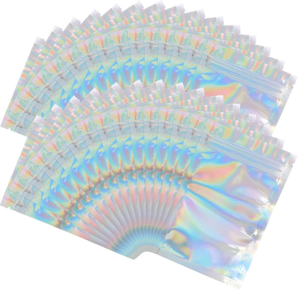 100 Pieces Mylar Holographic Resealable Bags - 4 x 6" Smell Proof Bags, Foil Pou...