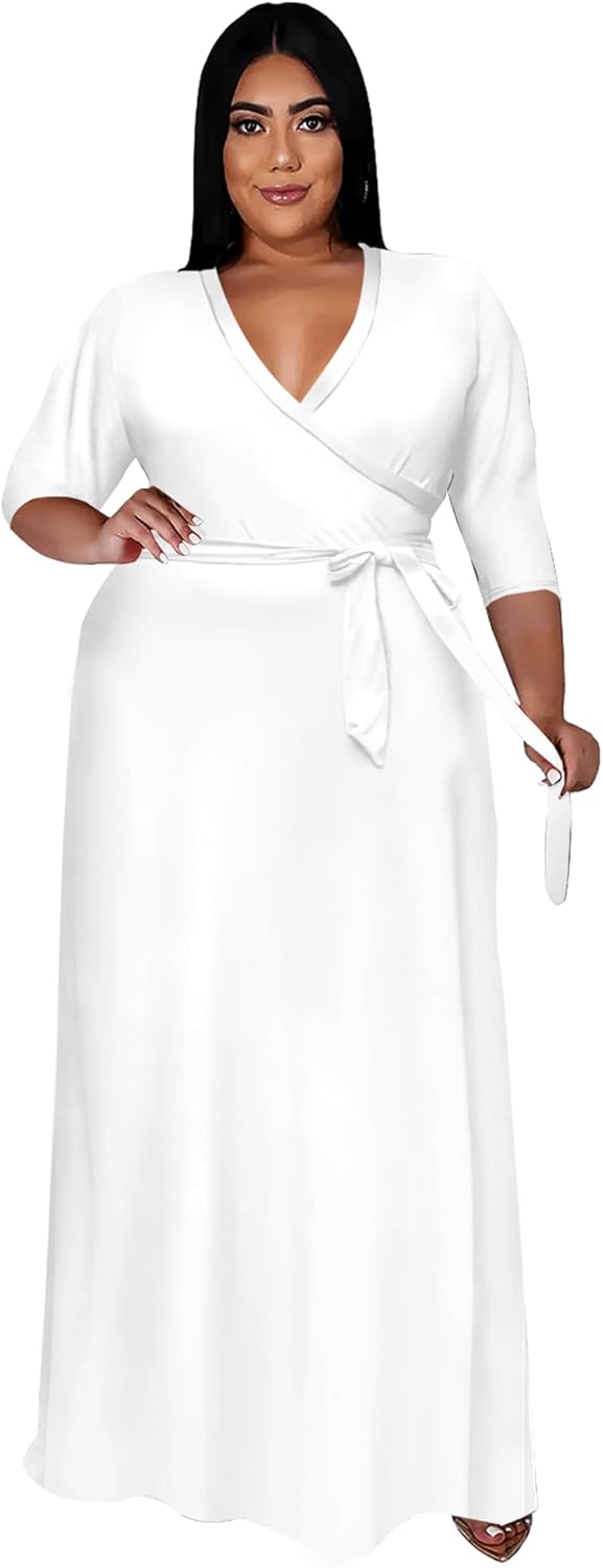 Runwind Plus Size Dress for Women, Special Maxi Dress with 3/4 Sleeve V Neck, In...