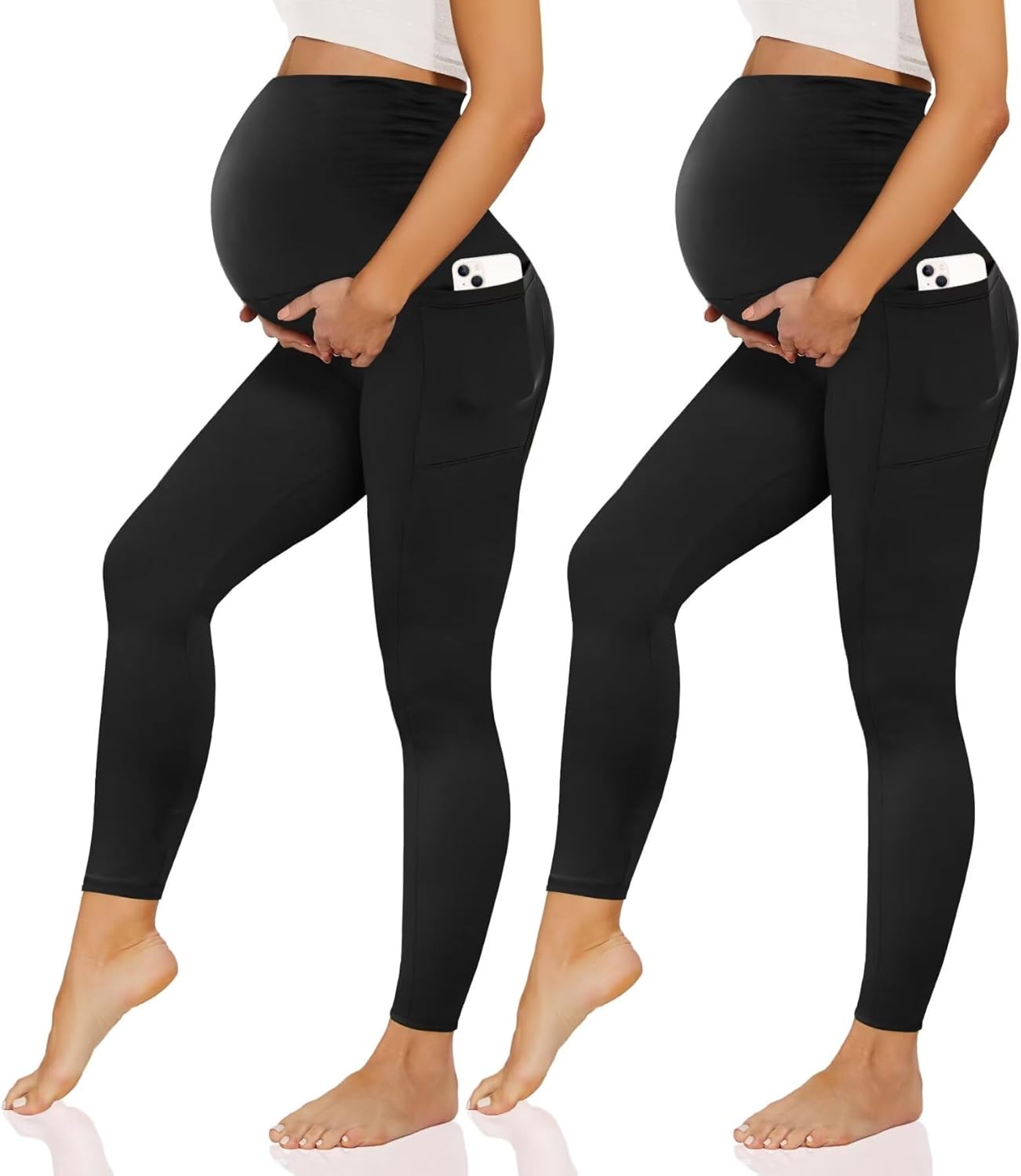 Happy.angel 1/2 Pack Maternity Leggings with Pockets Over The Belly, Womens Blac...
