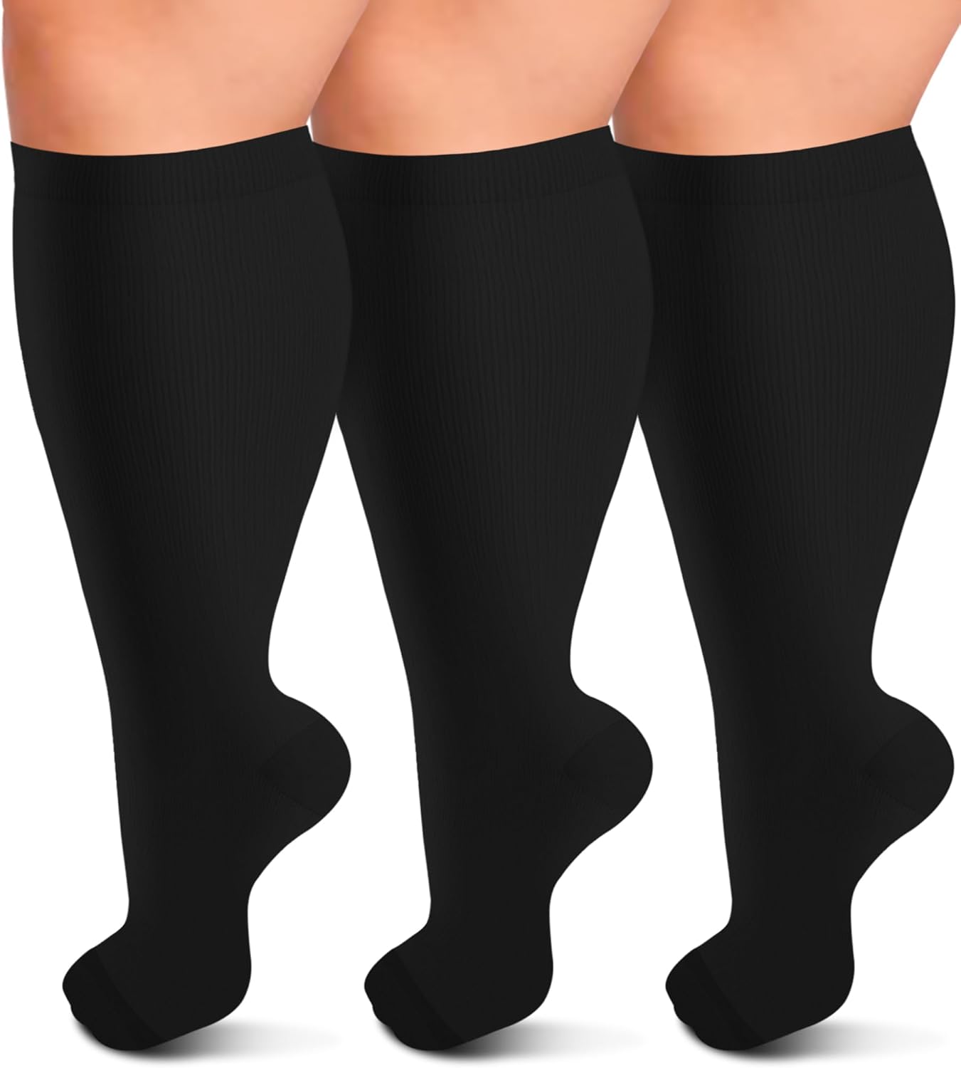3 Pack Plus Size Compression Socks for Women & Men, Extra Wide Calf Knee High St...