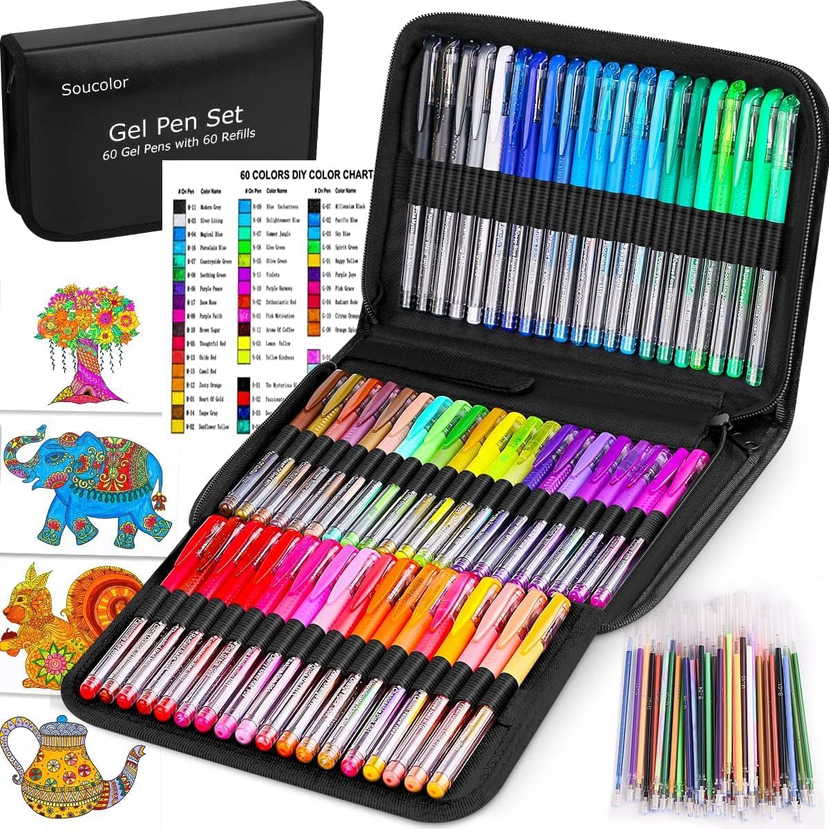 Soucolor Gel Pens for Adult Coloring Books, Deluxe 120 Pack-60 Colored Gel Pens,...