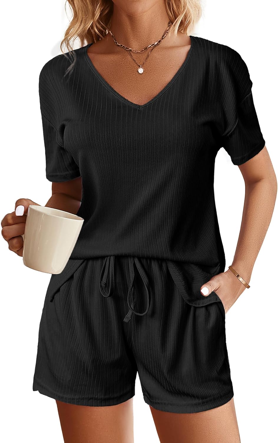 Ekouaer, Women's Ribbed Knit Lounge Set, Comfortable Sleepwear Pajama Set, Styli...