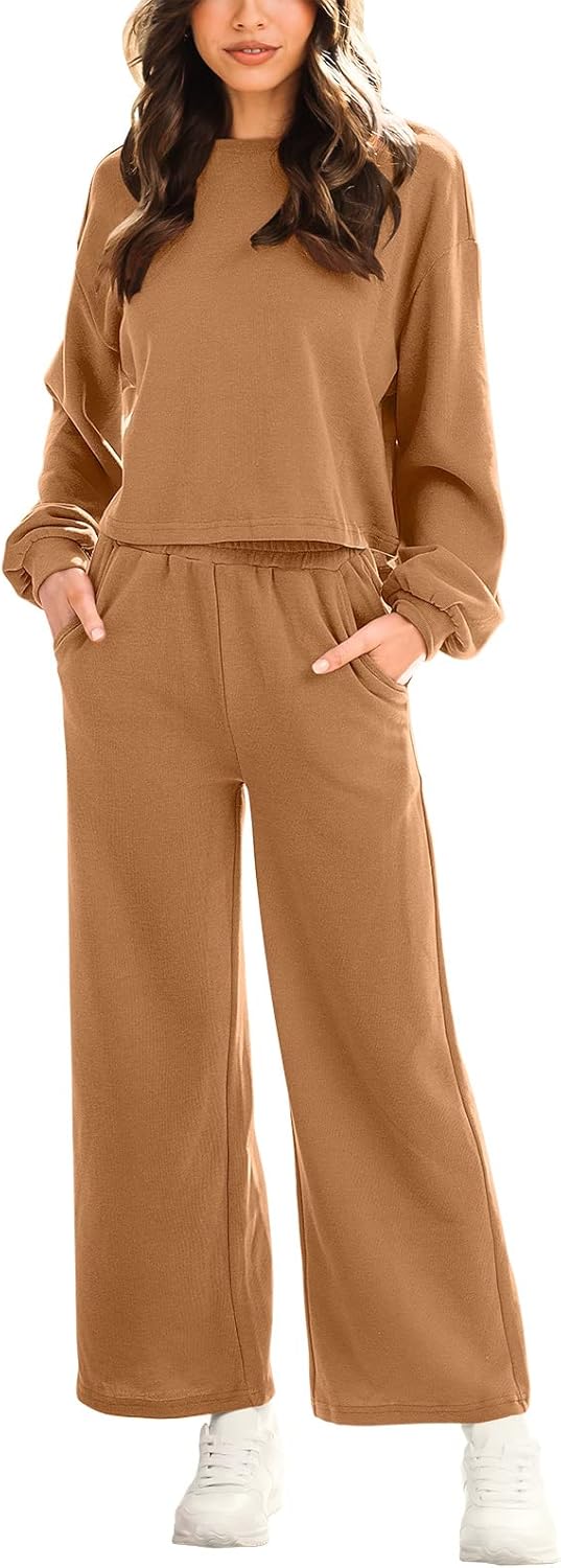 ANRABESS Women's Two Piece Outfits, Special Long Sleeve Crop Top, Unique Wide Le...