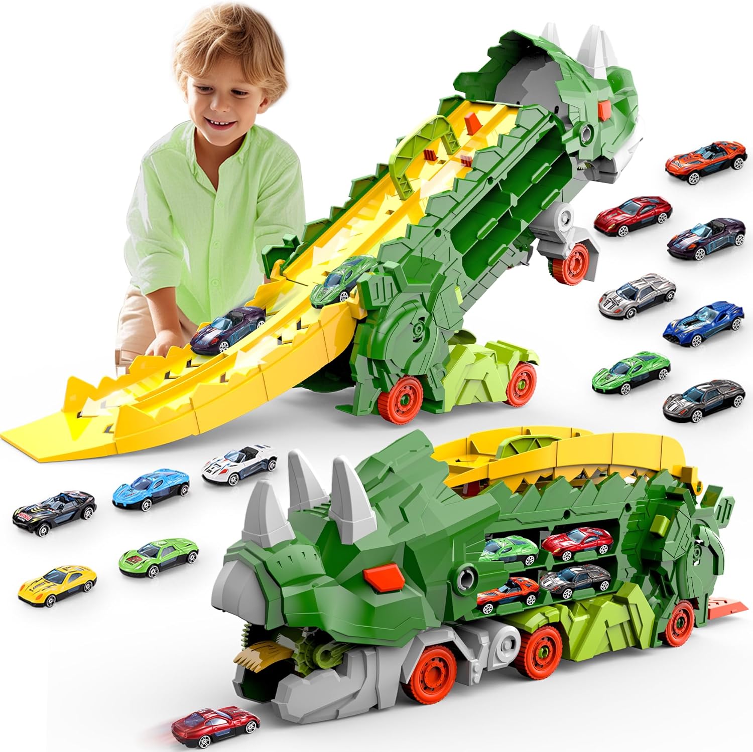Dinosaur Truck Toys for Kids, Transforms into Triceratops with Race Track Set, U...