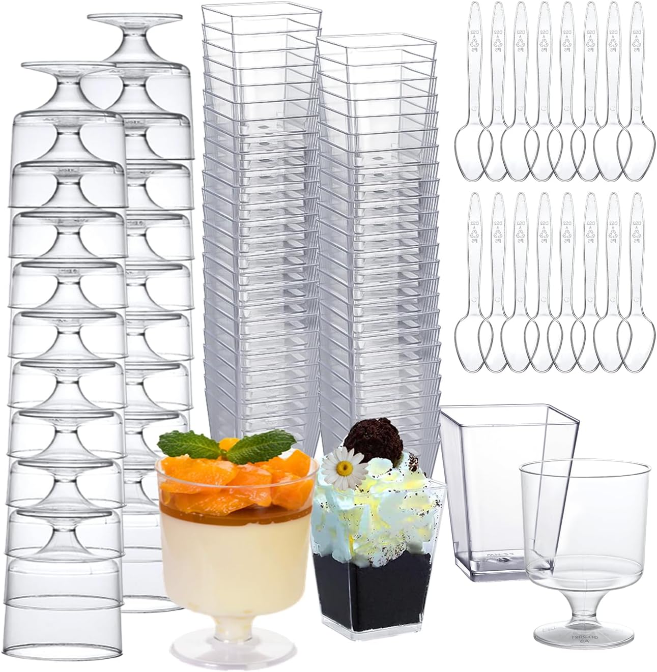 mwellewm 300 Packs Dessert Cups with Spoons, 5 OZ Mini Clear Plastic Dessert Par...