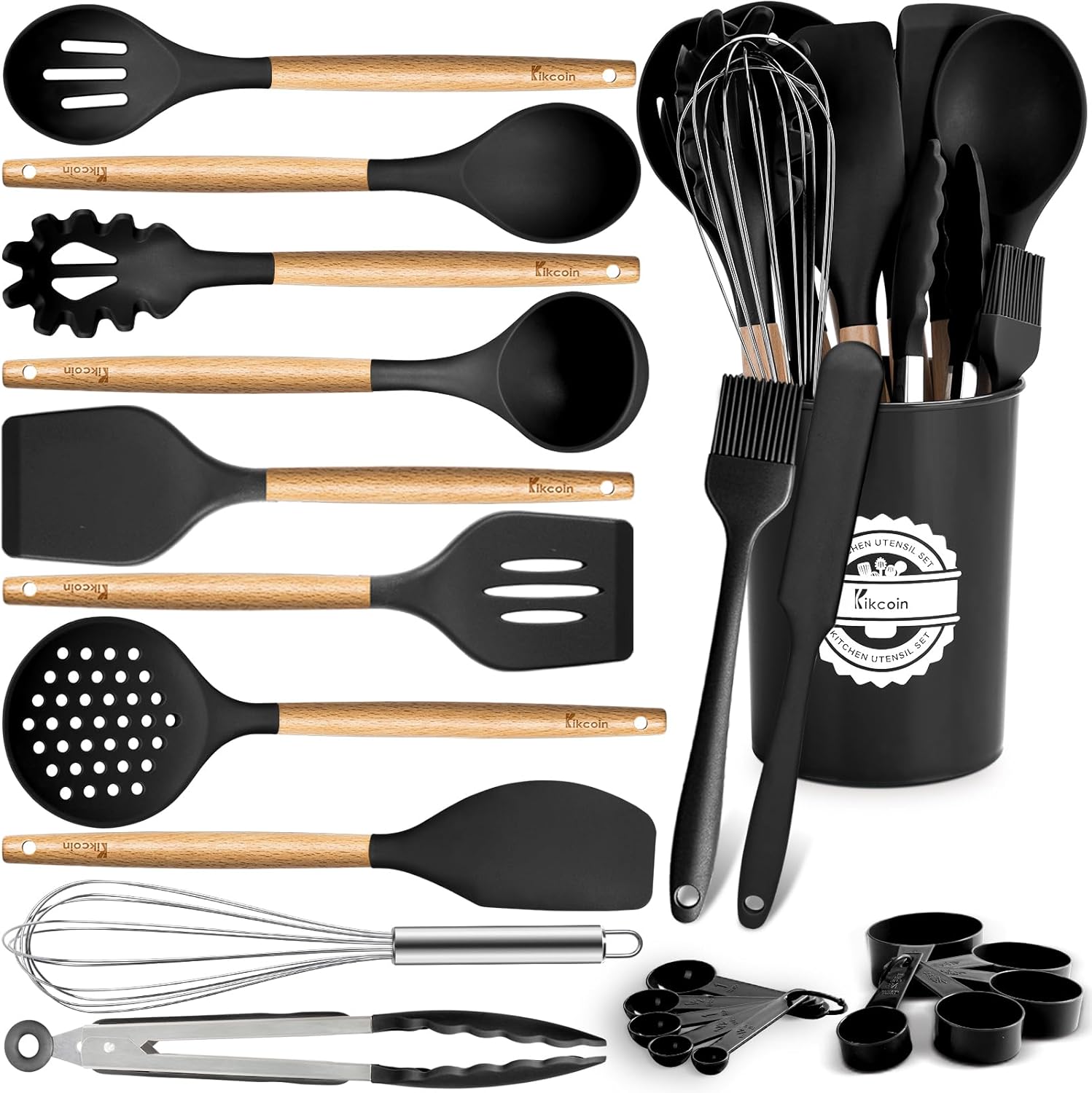23 PCS Kitchen Utensils Set, Kikcoin Wood Handle Silicone Cooking Utensils Set w...