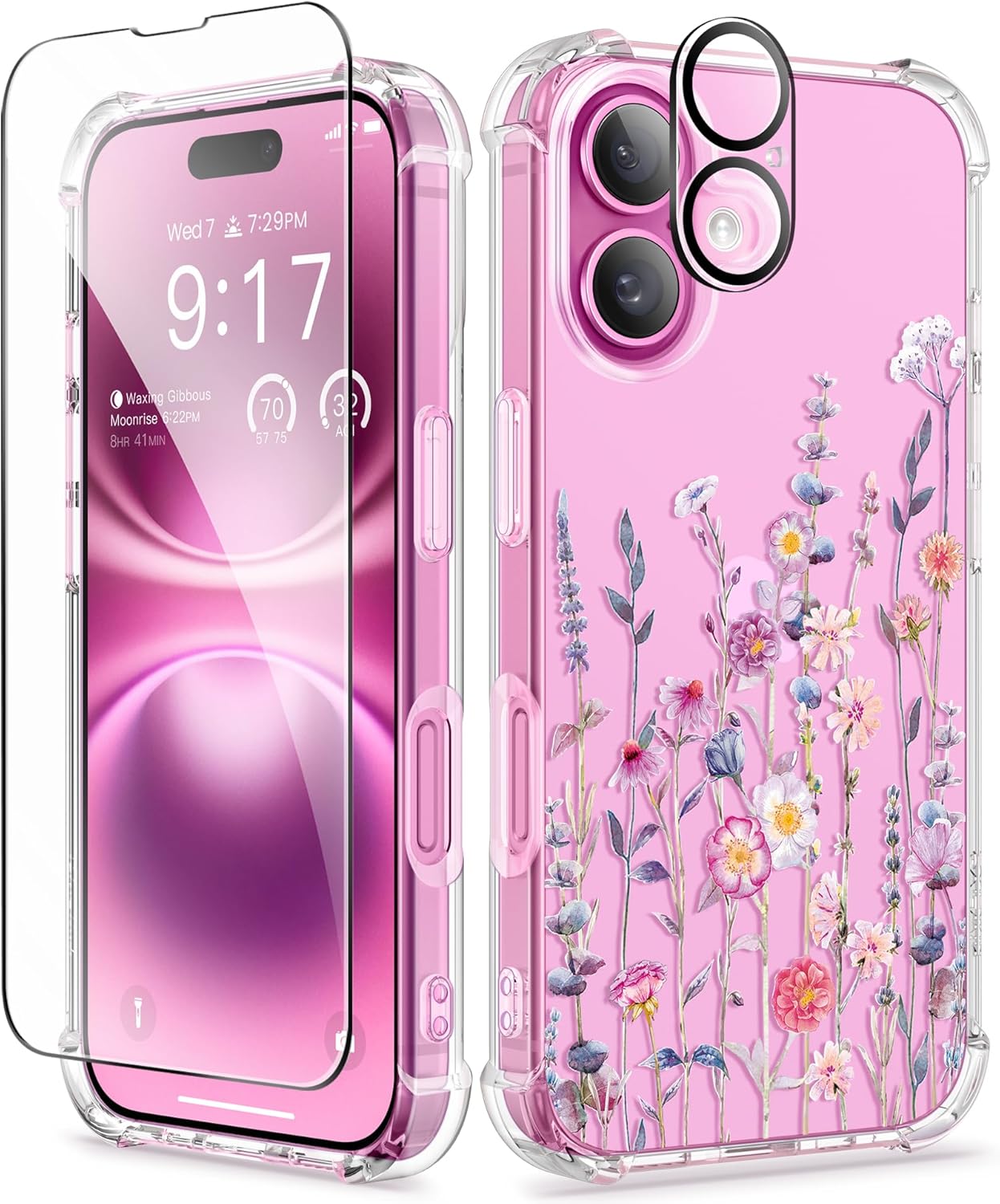 GVIEWIN for iPhone 16 Case, with Screen Protector & Camera Lens Protector, Flora...