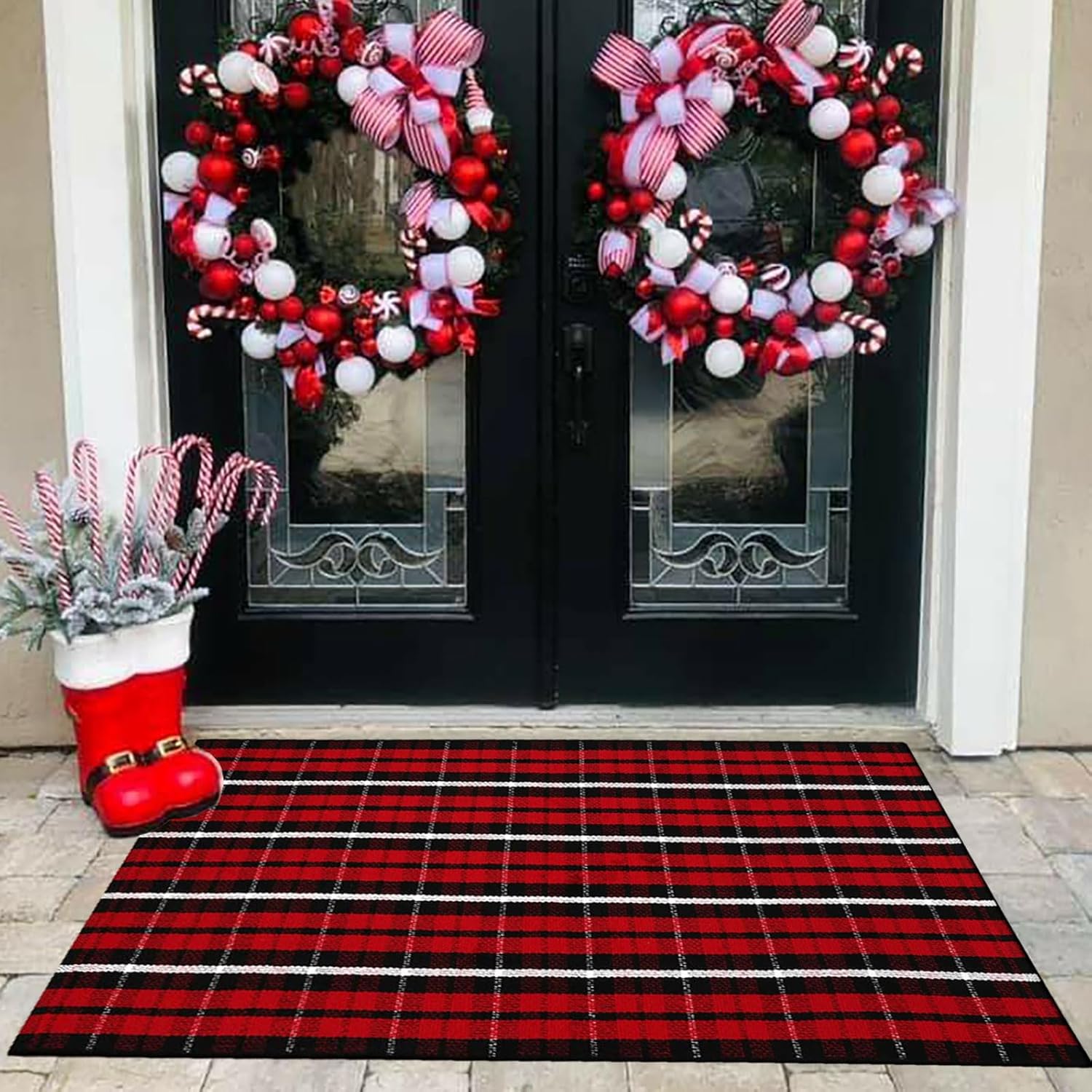 Buffalo Plaid Outdoor Rug, 3' x 5' Christmas Red & Black Check Indoor/Outdoor Ar...