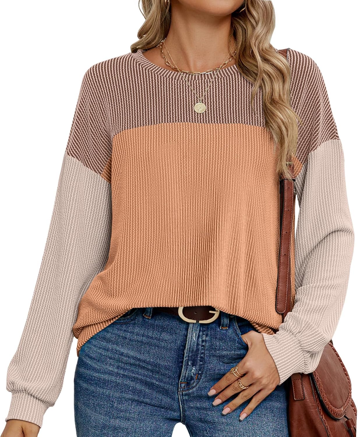 Womens Color Block Long Sleeve Crewneck Knitted Casual Loose Pullover Shirts Top...