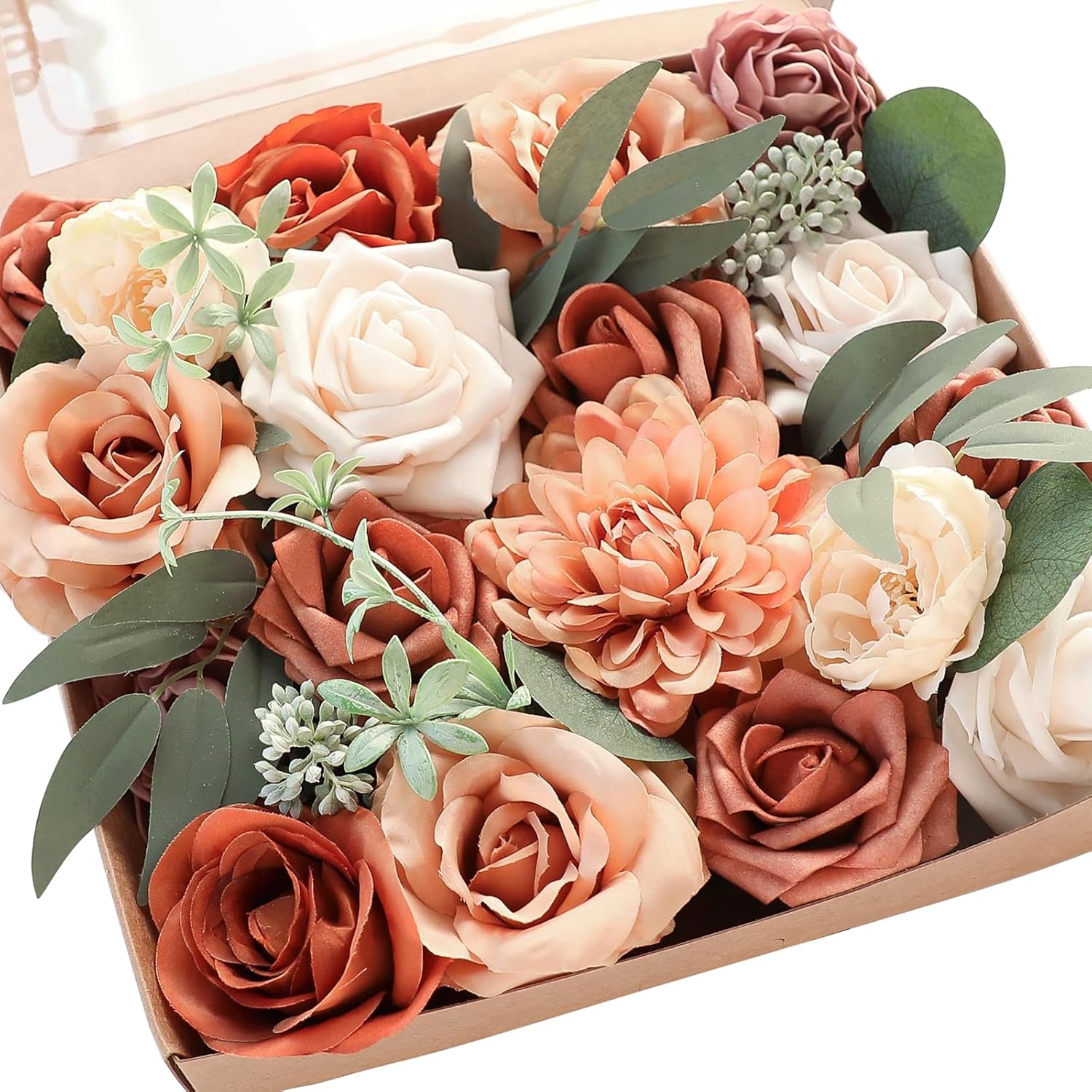 Floroom Terracotta Artificial Flowers Burnt Orange Fake Roses Peonies Dahlia Gre...