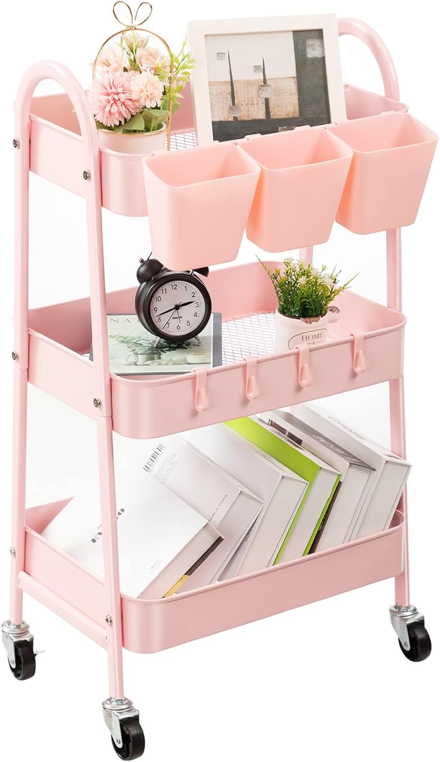 , danpinera 3-Tier Rolling Cart, Special Metal Rolling Storage Cart with Lockabl...