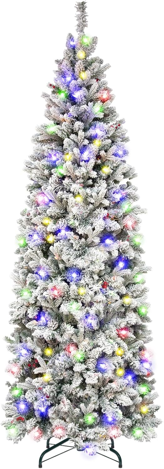 Hykolity 7.5 ft Prelit Flocked Slim Christmas Tree with Pinecones & Berries, 147...