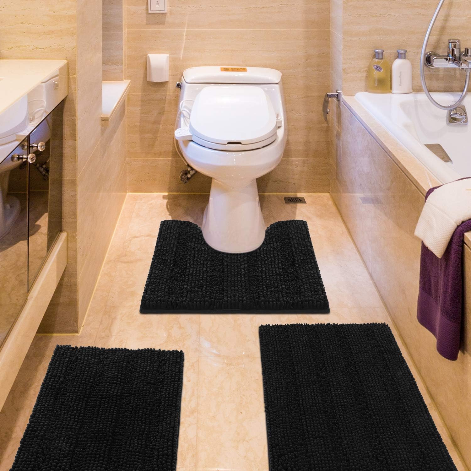 ACCUMTEK Striped Black Bathroom Rug Set 3 Pieces Ultra Soft, Non Slip Chenille T...