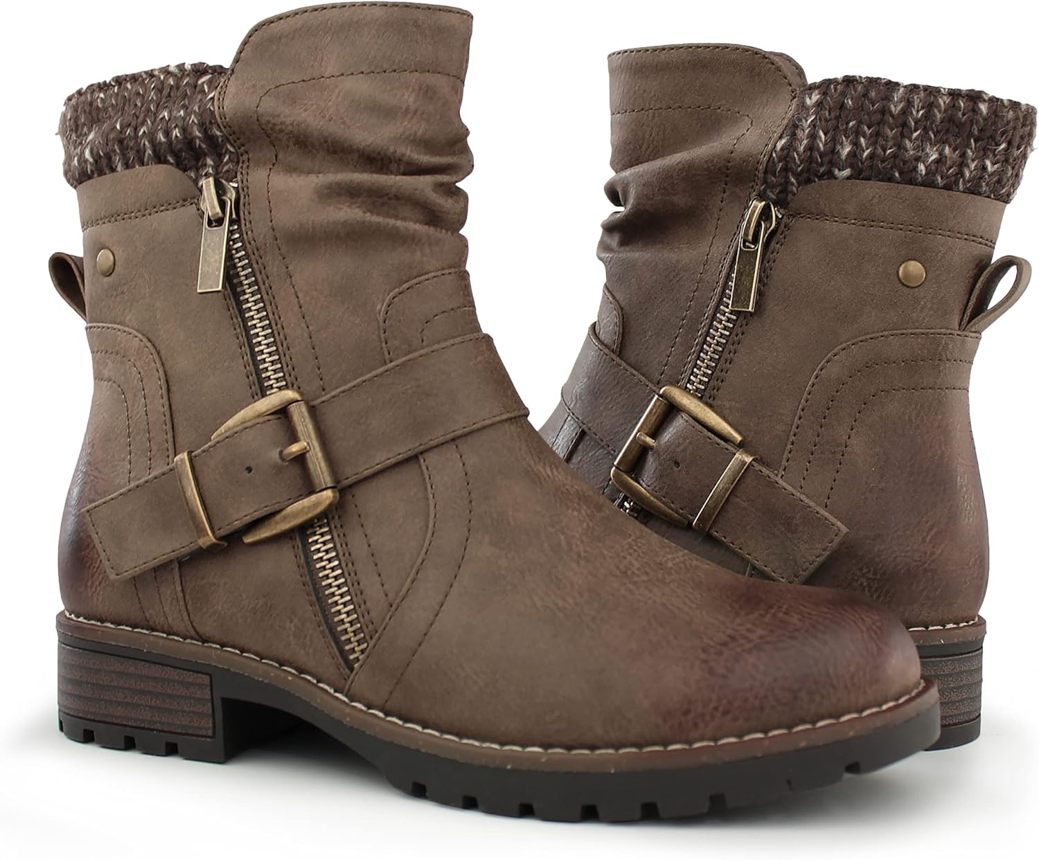 Hawkwell Women's Combat Boots Fashion Side Zipper Buckle Ankle Booties 9 Khaki