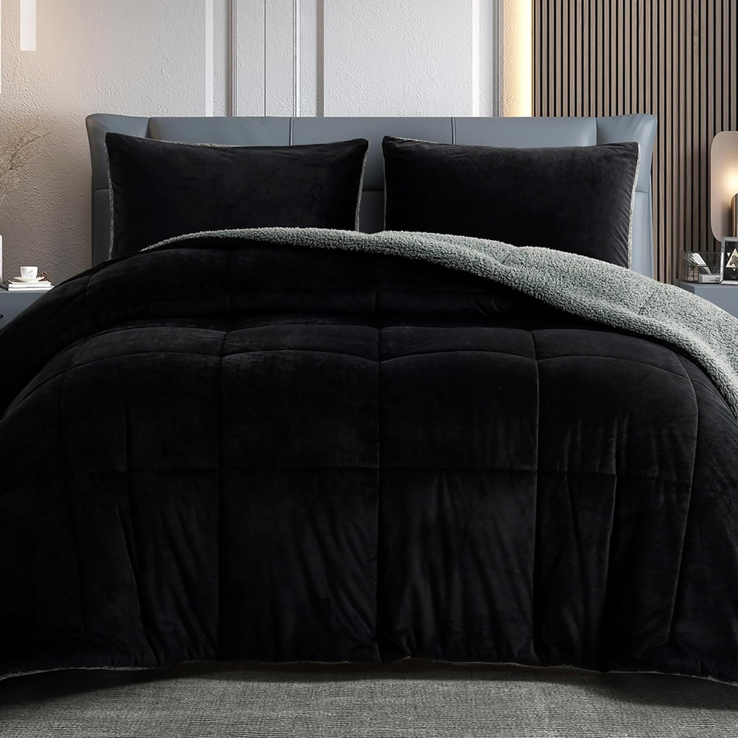 BEDHOURS King Size Comforter Set Micromink Sherpa Comforter 3 Piece Ultra Soft P...