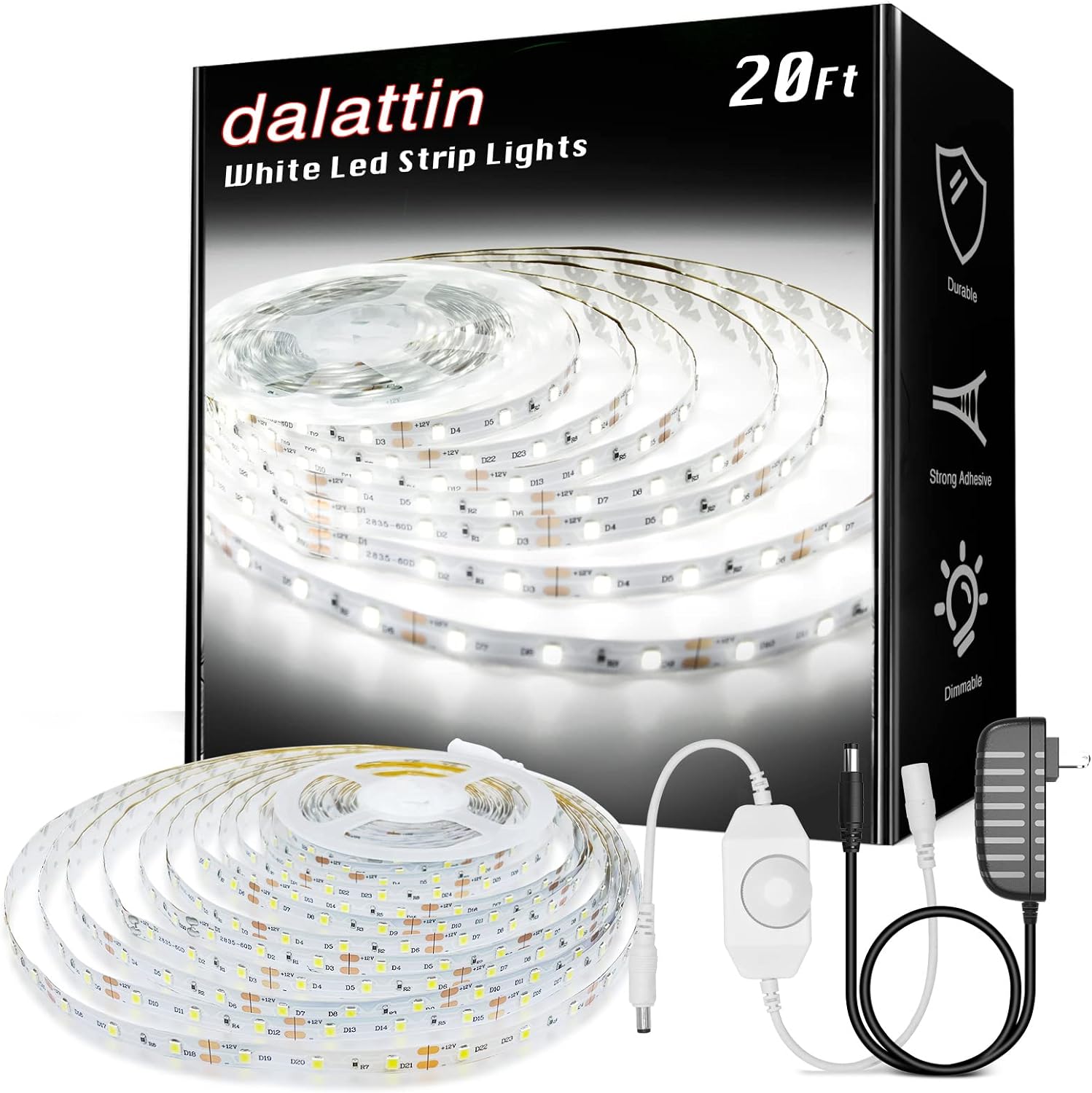 dalattin White LED Strip Lights, 20ft Dimmable Super Bright 24V Led Tape Light 6...