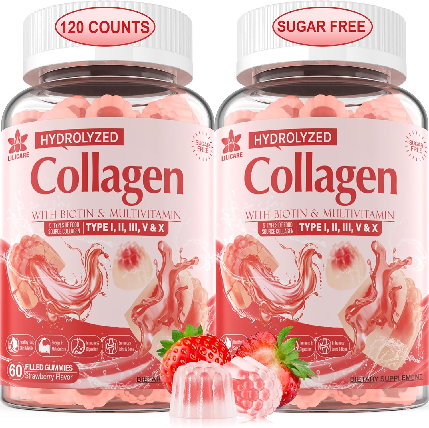 2Pack Sugar-Free Hydrolyzed Collagen Peptide Filled Gummies, with 1500mg Protein...