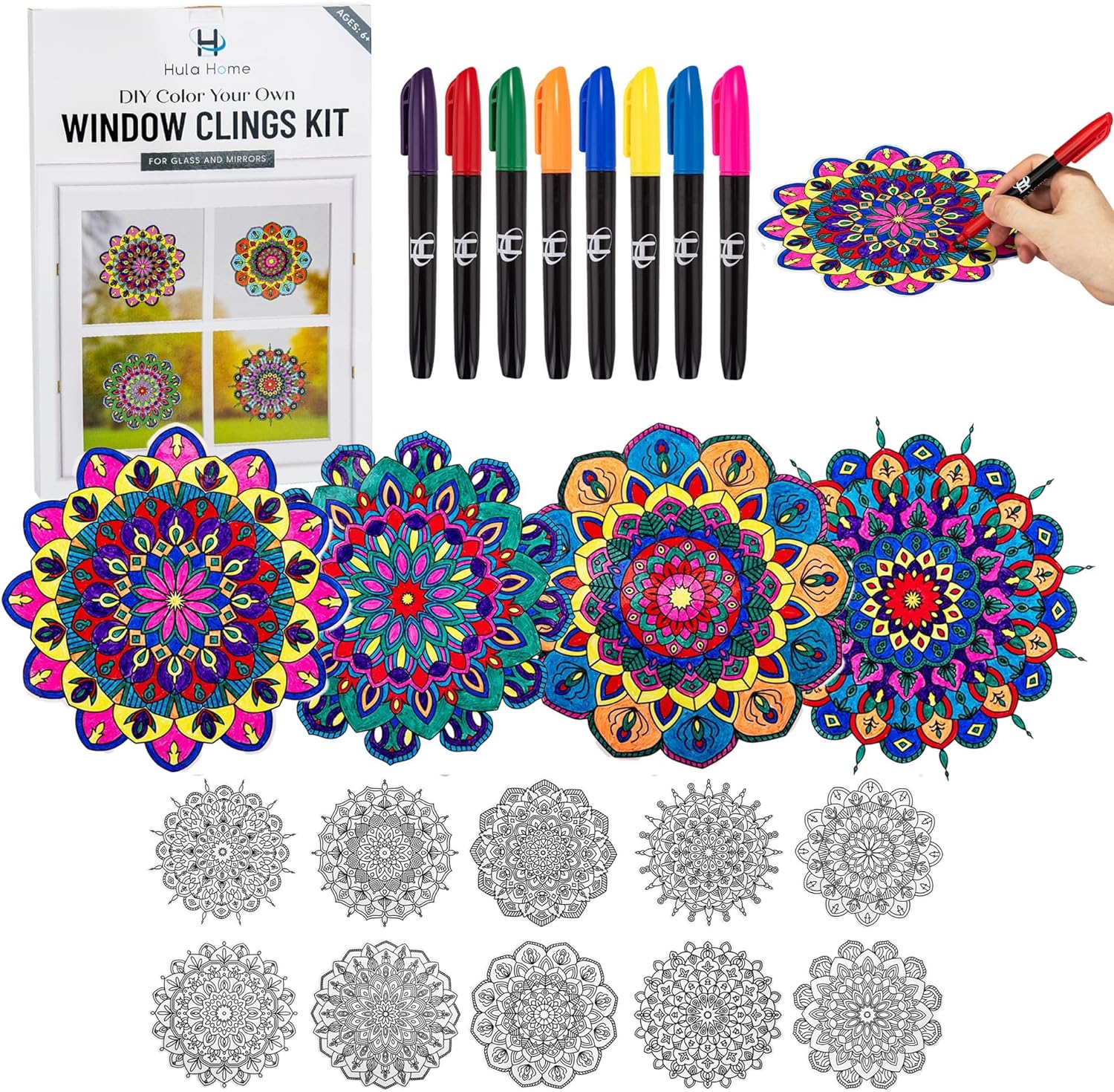 Hula Home Stained Glass Mandala Art Kit, Special DIY Window Clings with Markers,...