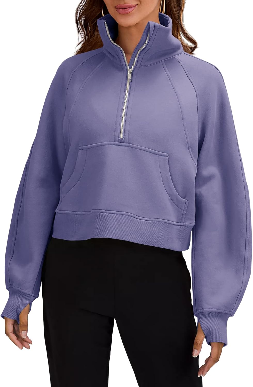 Women’s Sweatshirts, Special Half Zipper Crop Pullover, Innovative Funnel Neck F...