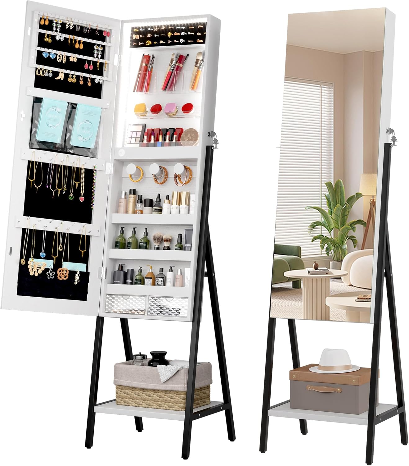 LVSOMT 3 LEDs Mirror Jewelry Cabinet, 60.4" Jewelry Mirror Full Length, Standing...