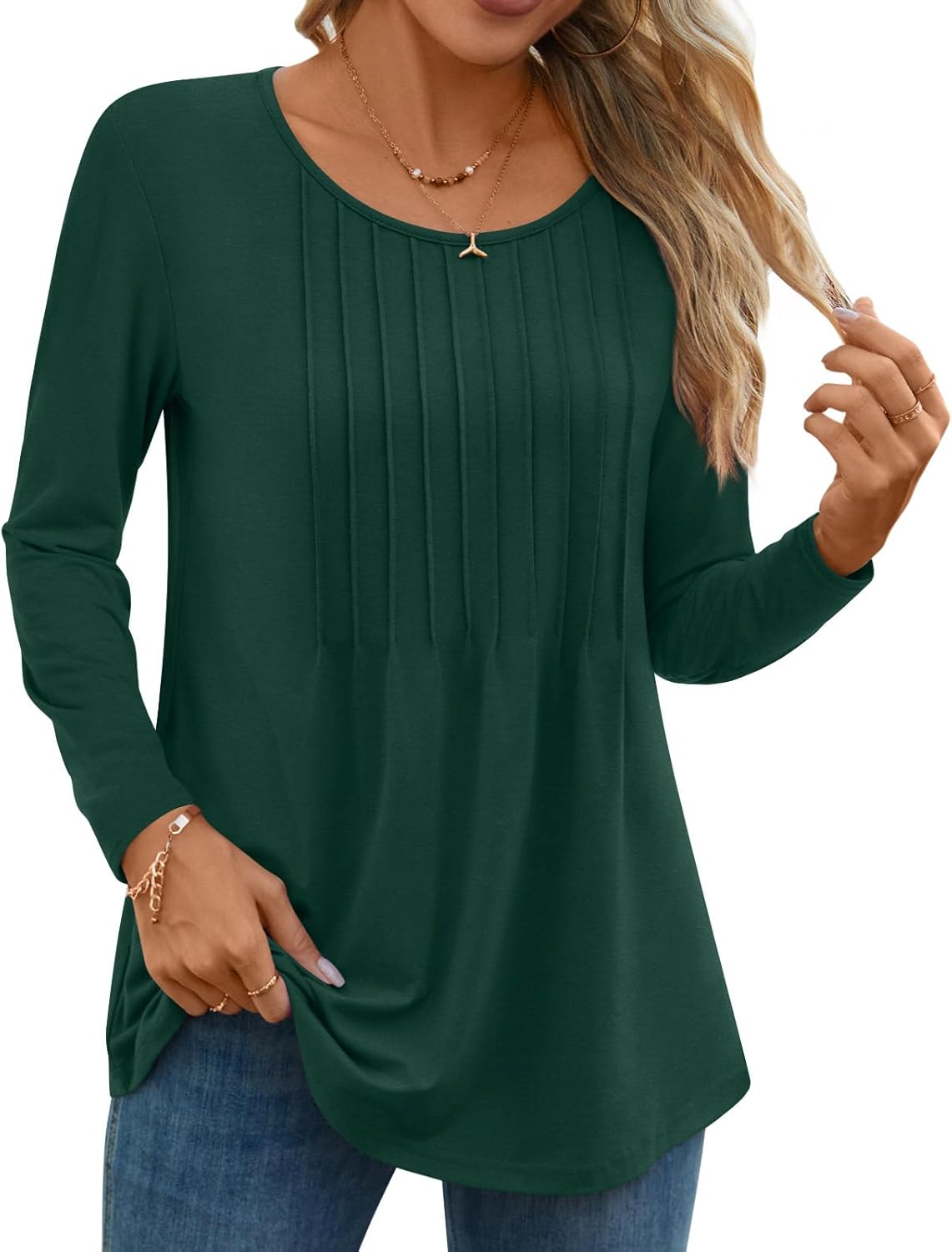 TAOHUADAO Women Fall Long Sleeve Tops Pleated Crew Neck Tunic Casual Dressy Blou...