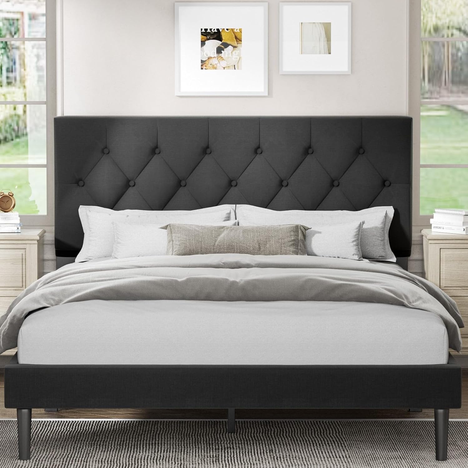 Queen Size Platform Bed Frame with Upholstered Headboard, Button Tufted Design,...
