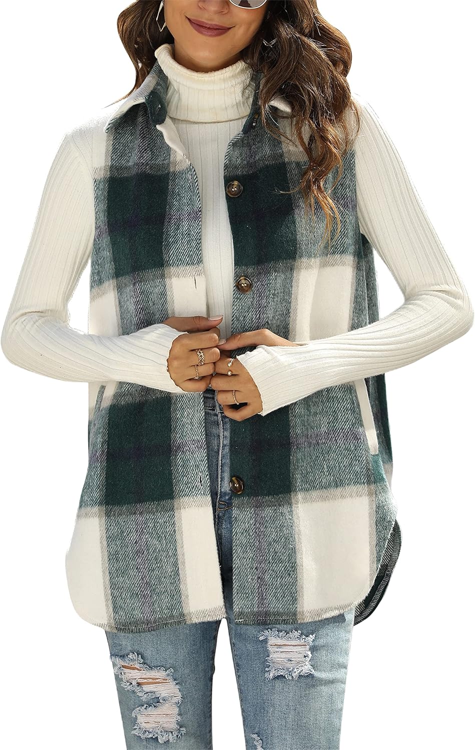 UANEO Womens Fall Flannel Plaid Vest Button Down Sleeveless Shirt Jacket With Po...