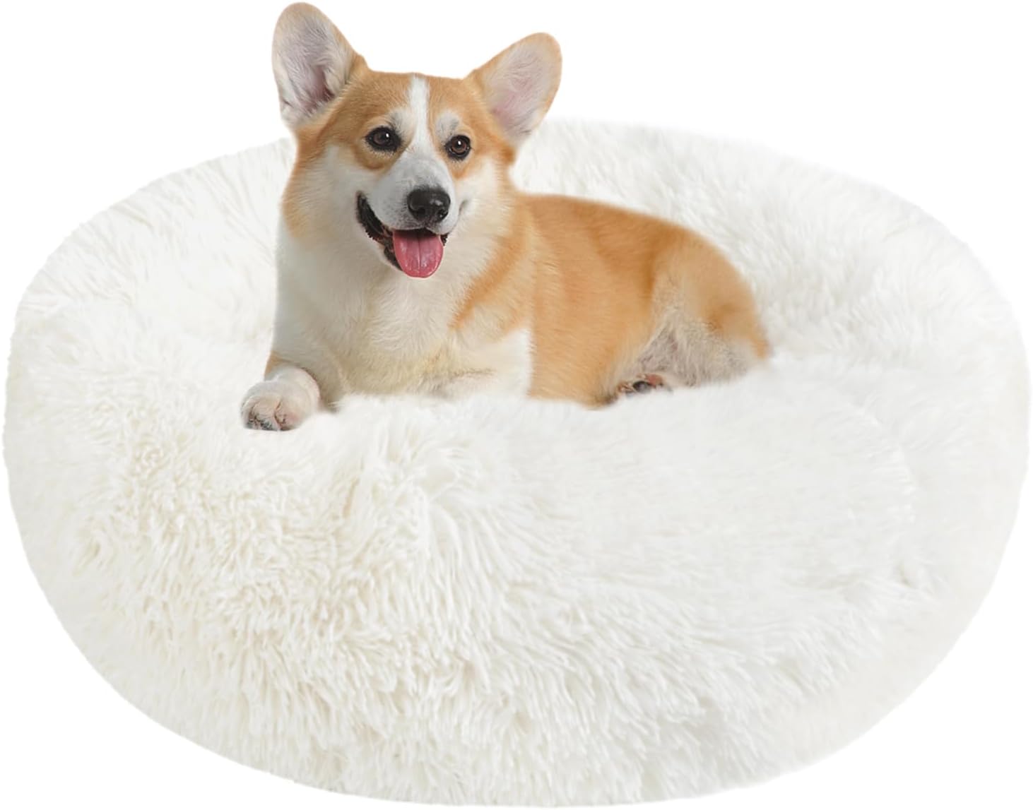 Calming Dog Cat Donut Bed - 23.6in Fluffy Plush Puppy Kitten Cuddler Round Bed,...