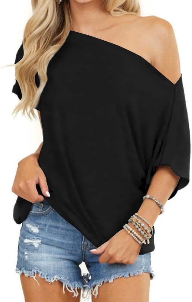INFITTY Women's Off Shoulder Tops Short Sleeve Casual Loose Batwing Shirts Overs...