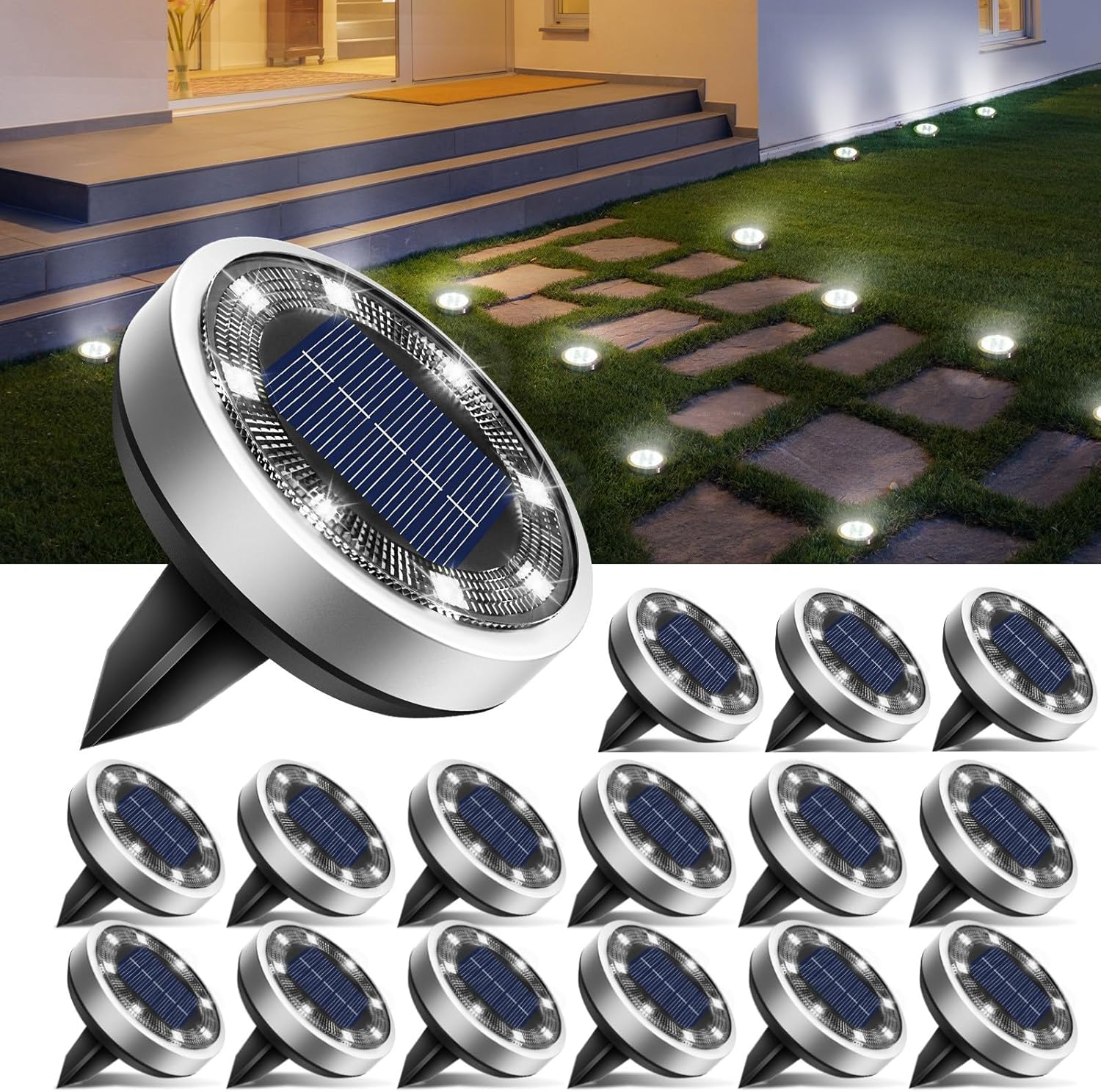 btfarm 16 Pack Solar Ground Lights Outdoor, 8 LED Solar Disc Lights IP65 Waterpr...