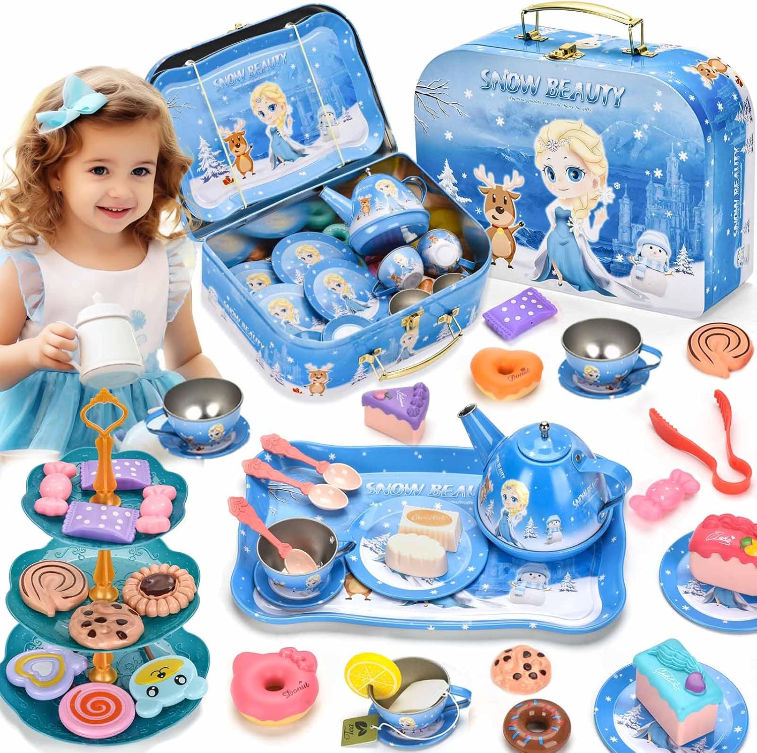 52Pcs Tea Party Set for Little Girls-Frozen Toys for Girls, Elsa Princess Tea Pa...