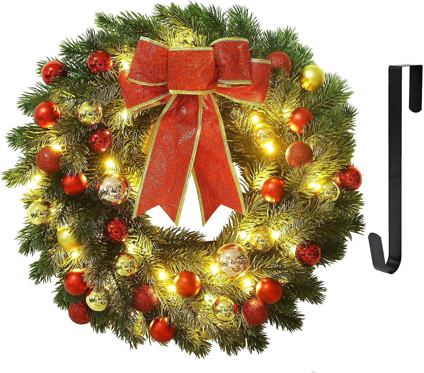 Juegoal 16 Inch Pre-Lit Christmas Wreath, Special Wreath with Metal Hanger, Larg...