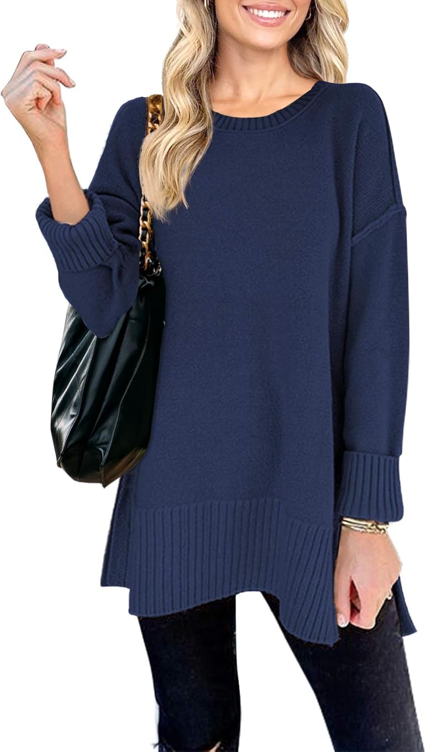 MEROKEETY Women's Sweater, Unique Casual Crew Neck Side Split Pullover, Affordab...