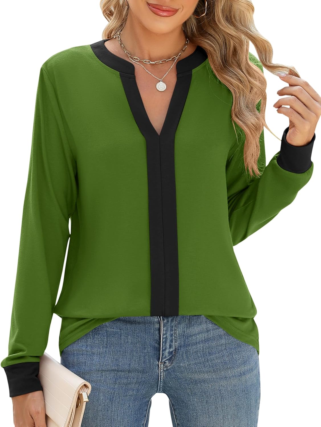 Micoson Womens Tops Dressy Casual Long Sleeve Business Shirts V Neck Pleated Wor...