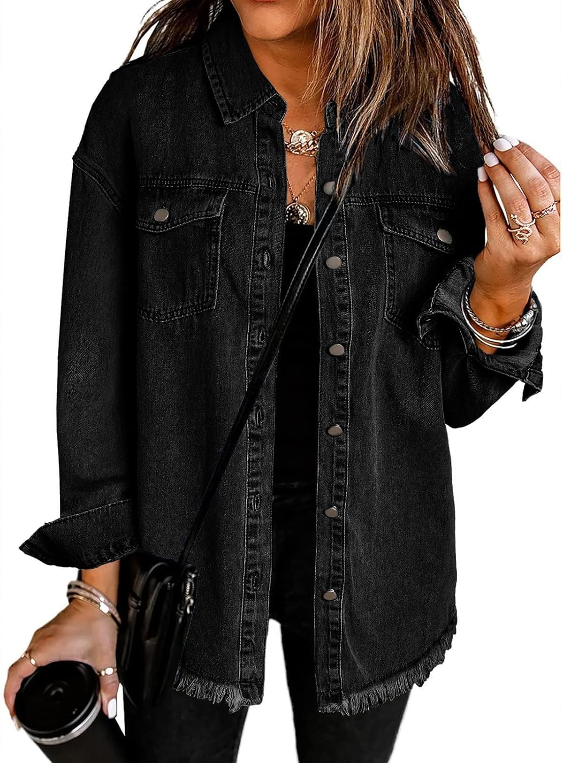 Special Vetinee Women’s Oversized Shacket, Stylish Button Up Frayed Hem Jacket w...