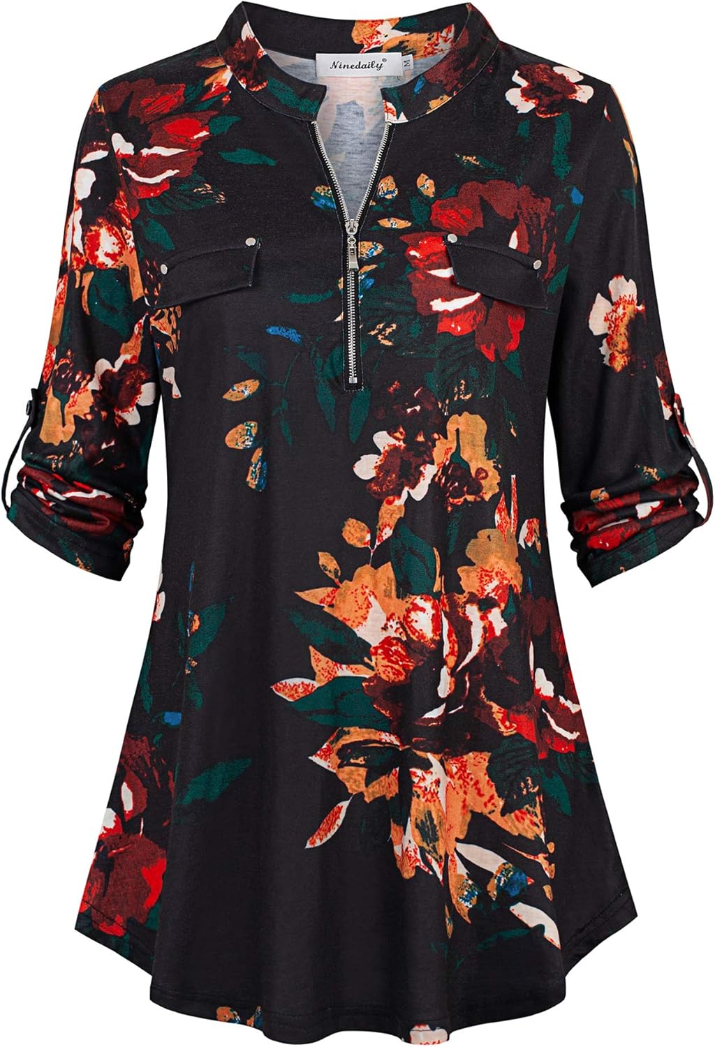 Ninedaily Women's Casual Tunic, Special 3/4 Sleeve Plaid Shirts, Unique Zip Flor...