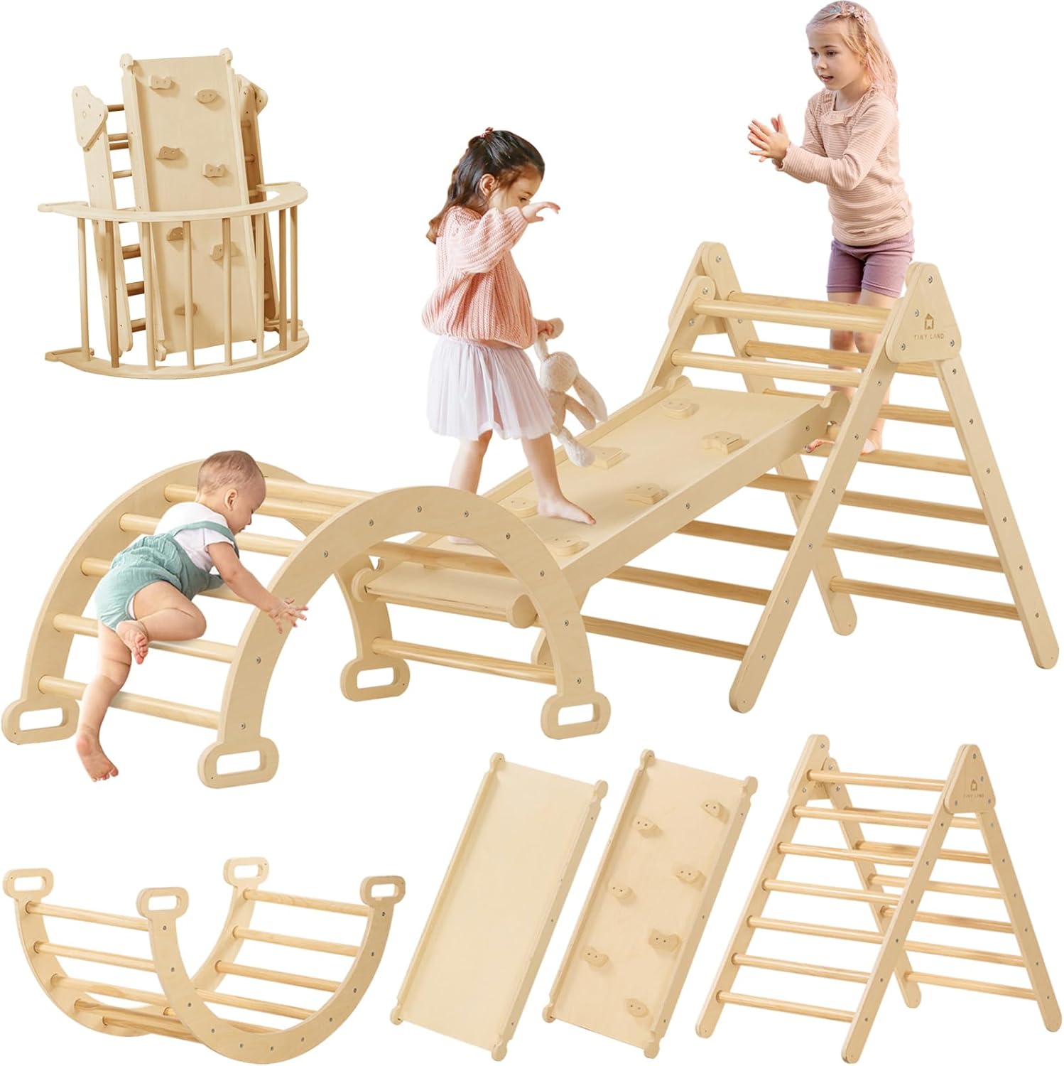 Tiny Land 7 in 1 Pikler Triangle Set, Foldable Toddler Climbing Toys, Montessori...