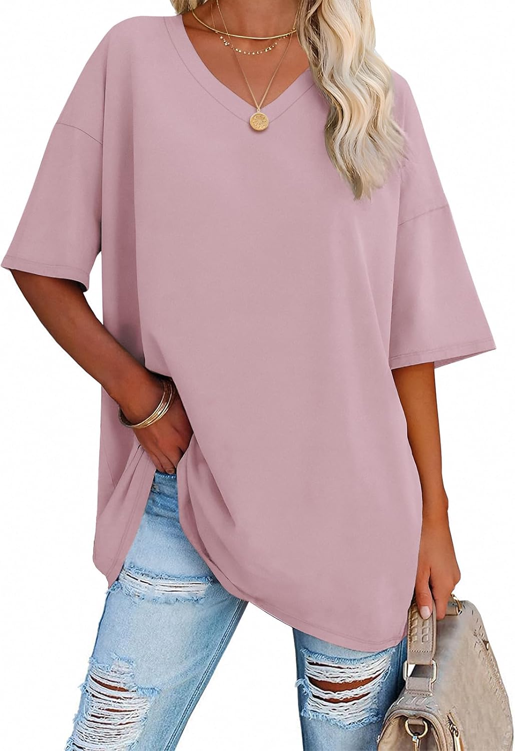 ATHMILE Womens T Shirts, Special Oversized V Neck Tees, Innovative Half Sleeve C...