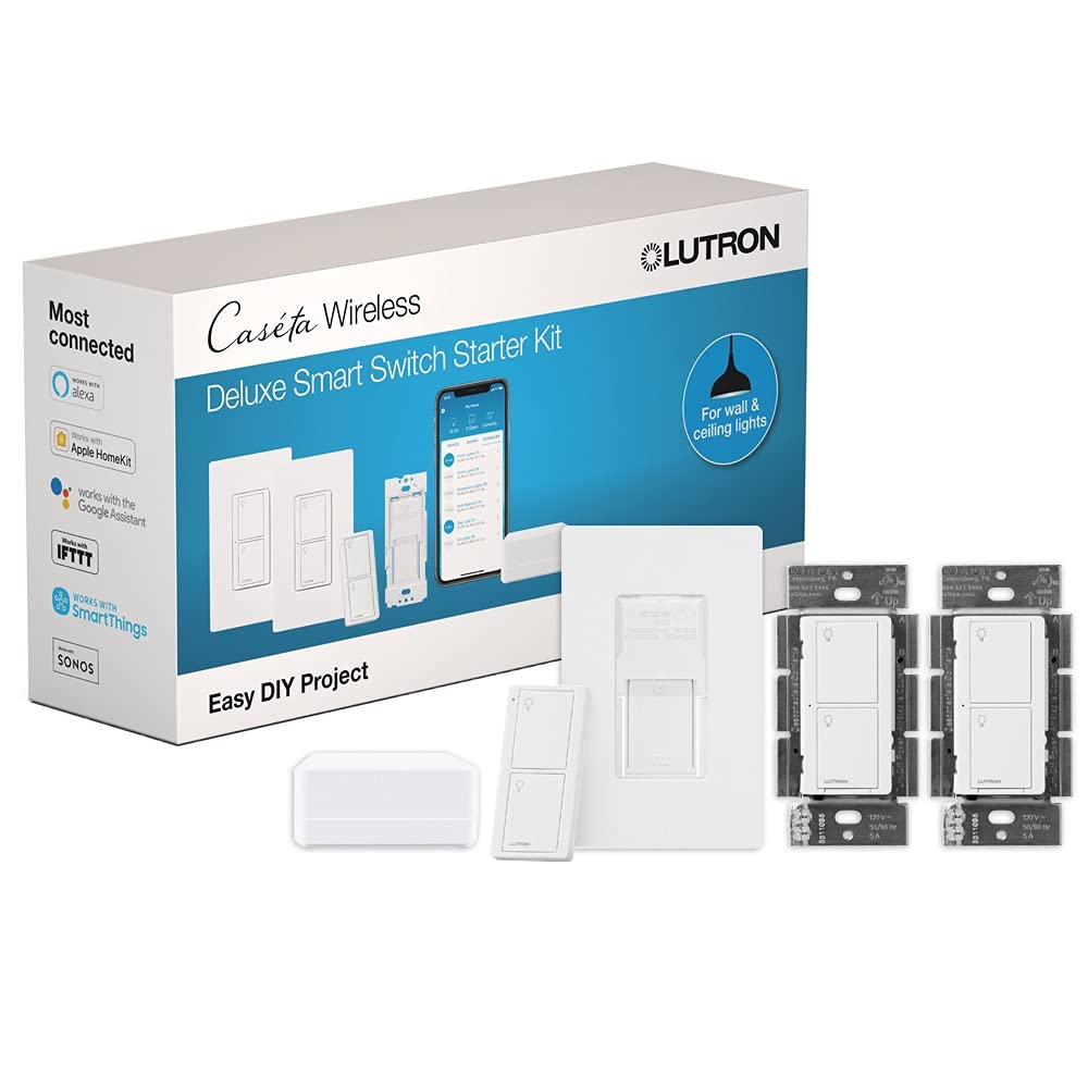 Lutron Caseta Smart Lighting Kit w/ Hub, 2 Original Switches, Pico Remotes, & Mo...