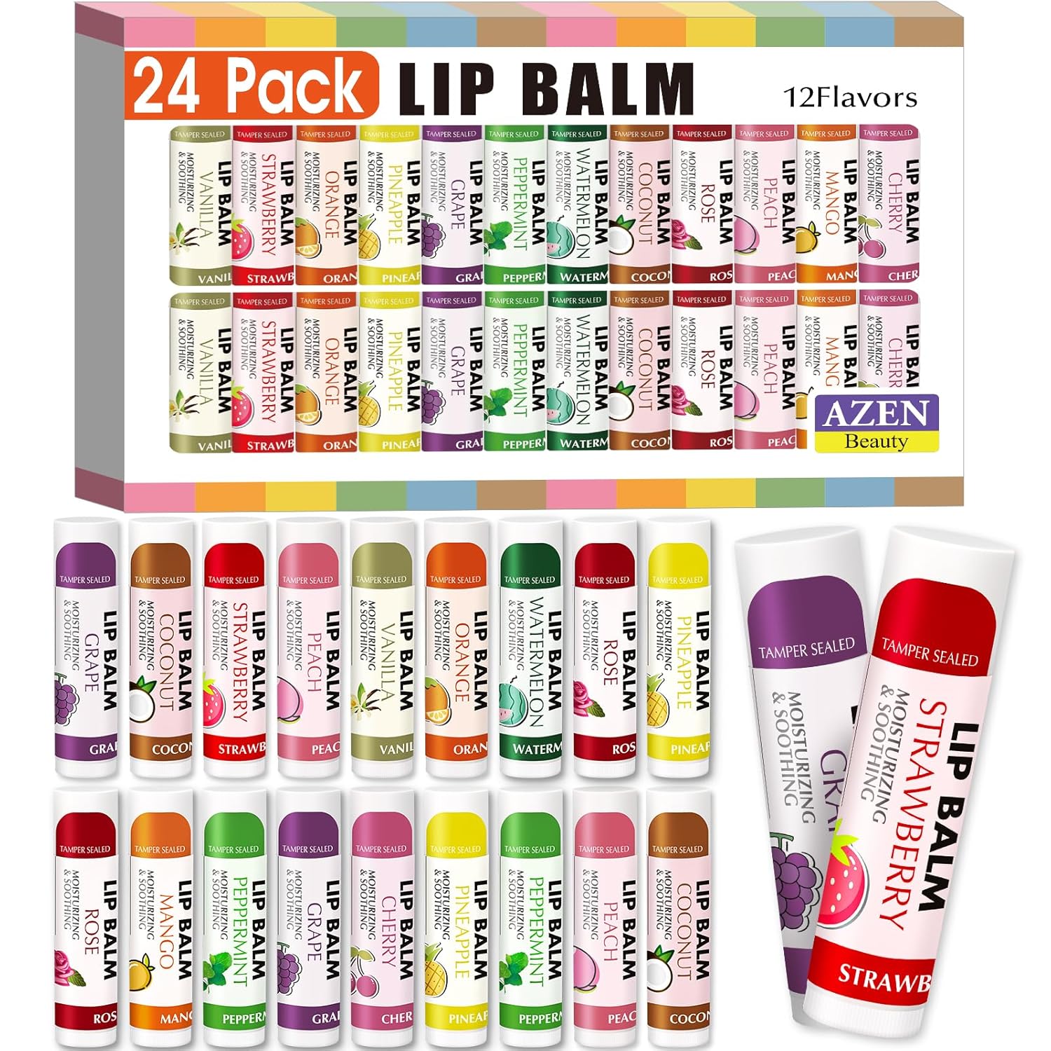 AZEN 24 Pack Lip Balm Stocking, Natural Lip Balm B...