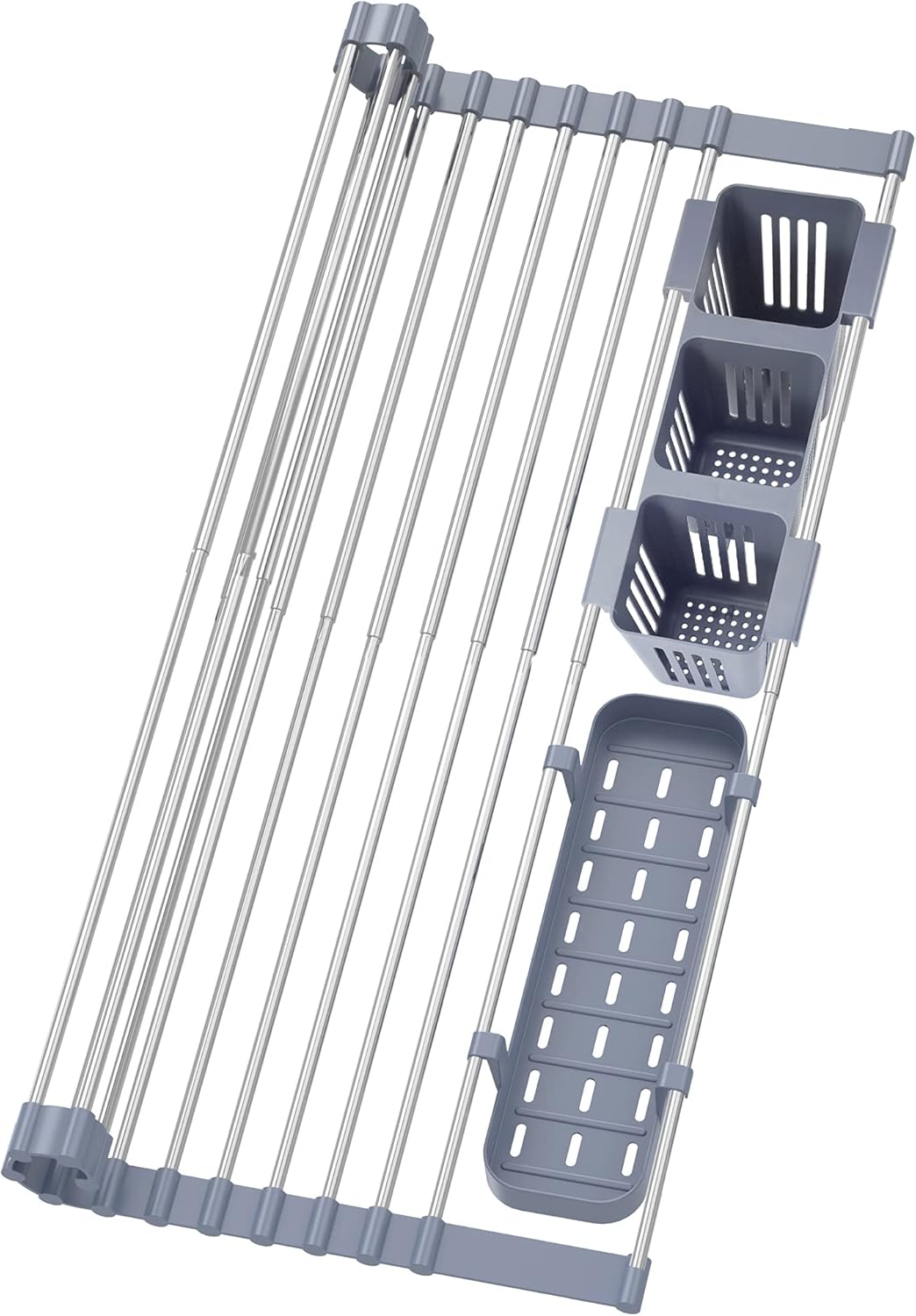 Expandable Roll Up Dish Drying Rack Up to 22.8''with 2 Storage Baskets,Over The...
