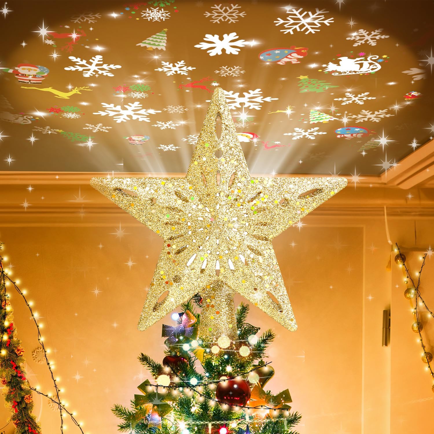 Mrrihand Christmas Tree Topper Lighted with 6 Projection Modes, Christmas Star T...