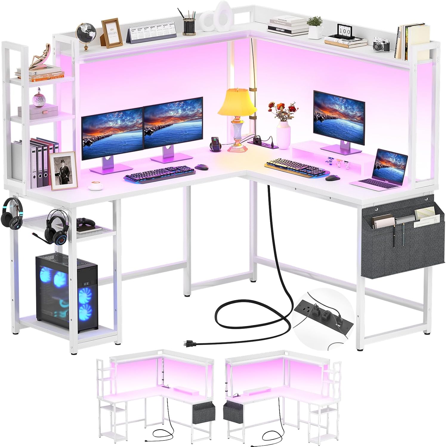 Aheaplus L Shaped Desk, Special Gaming Desk with Power Outlet, Unique L Shaped D...