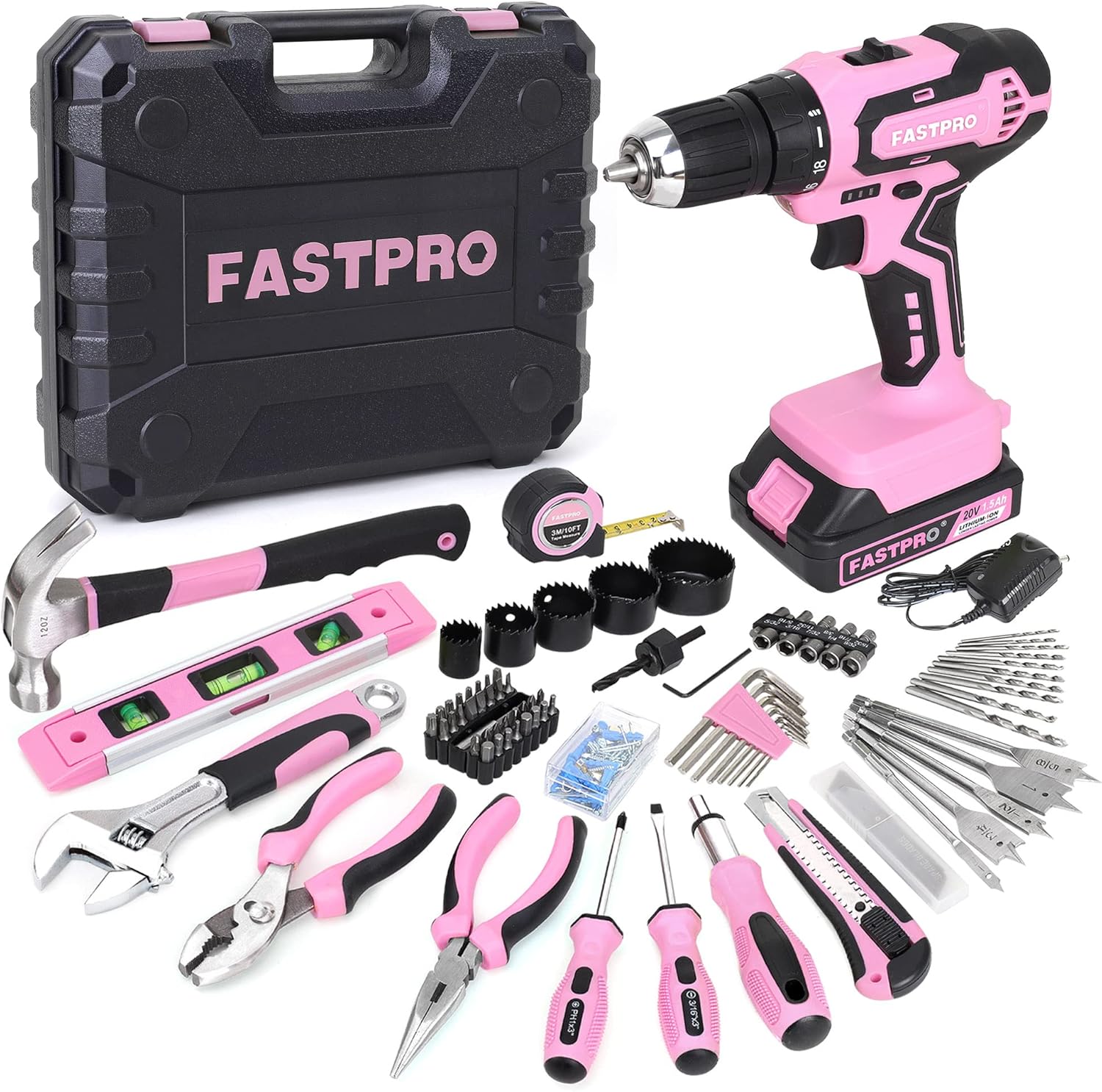 FASTPRO 177-Piece 20V Pink Cordless Lithium-ion Drill Driver and Home Tool Set,...