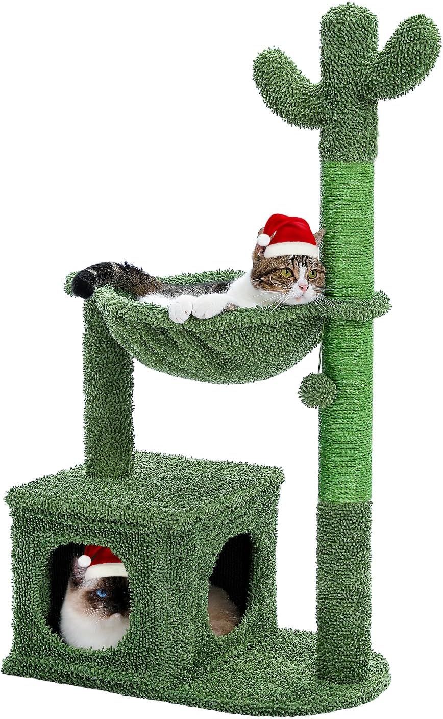Cactus Cat Tree 40" Cat Tower with Large Metal Carpet Hammock, Cat Scratching Po...