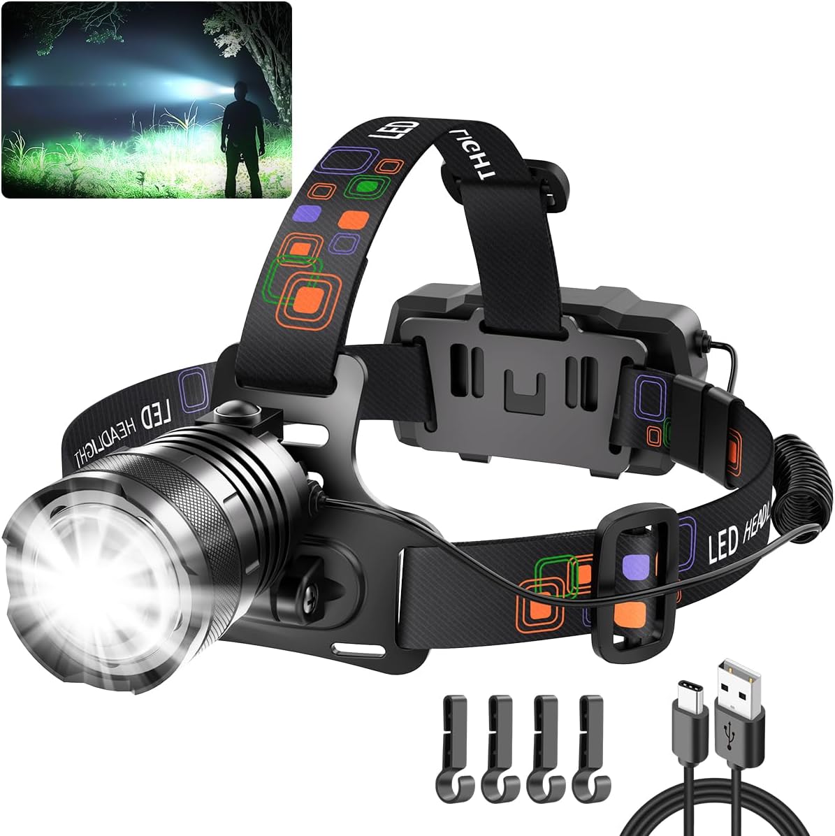KYEKIO Headlamp Rechargeable, 990000LM Super Bright Head Lamp, Adjustable Focus...
