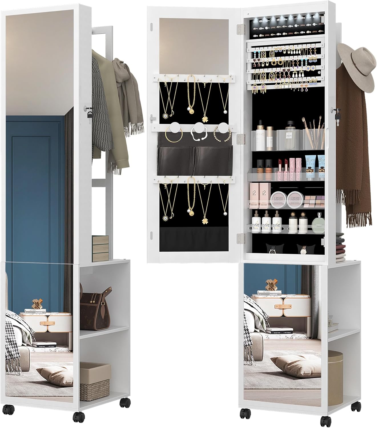 8 LEDs Jewelry Cabinet Armoire, 64.8-inch Jewelry Organizer with Garment Rack, L...
