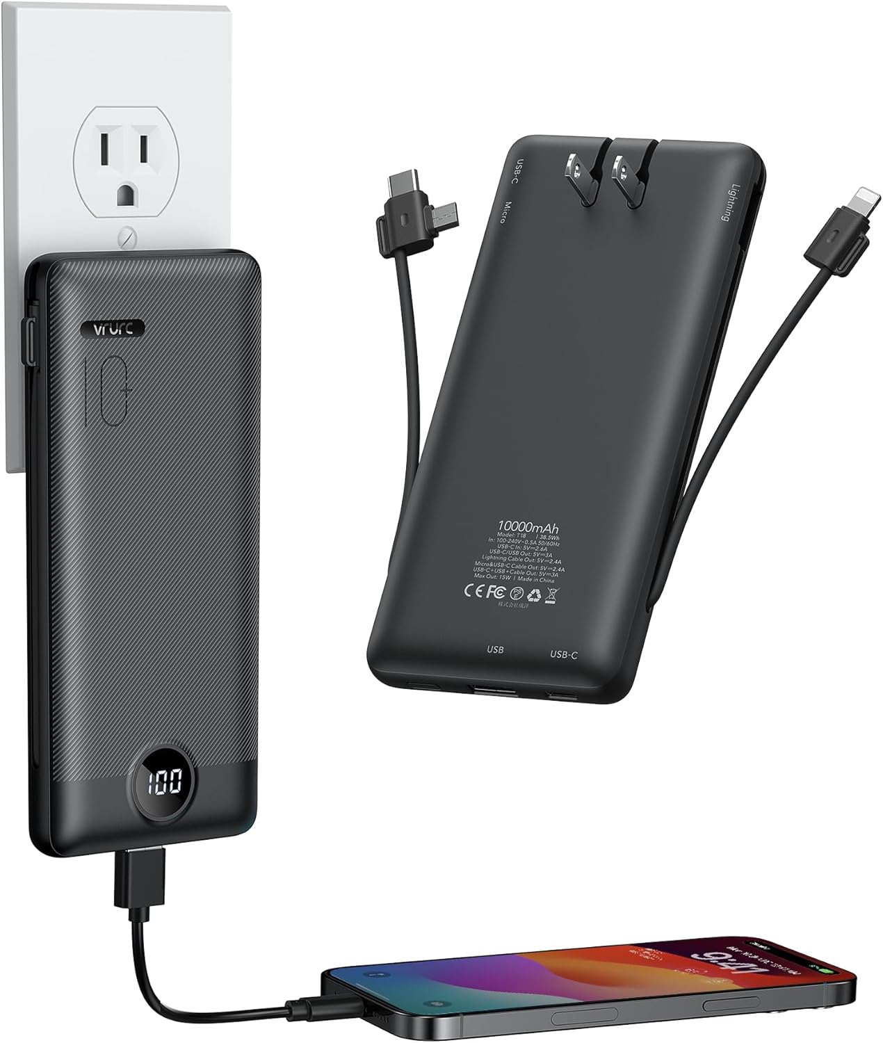 VRURC Portable Charger with Wall Plug, 10000mAh Slim Portable Charger Built in C...